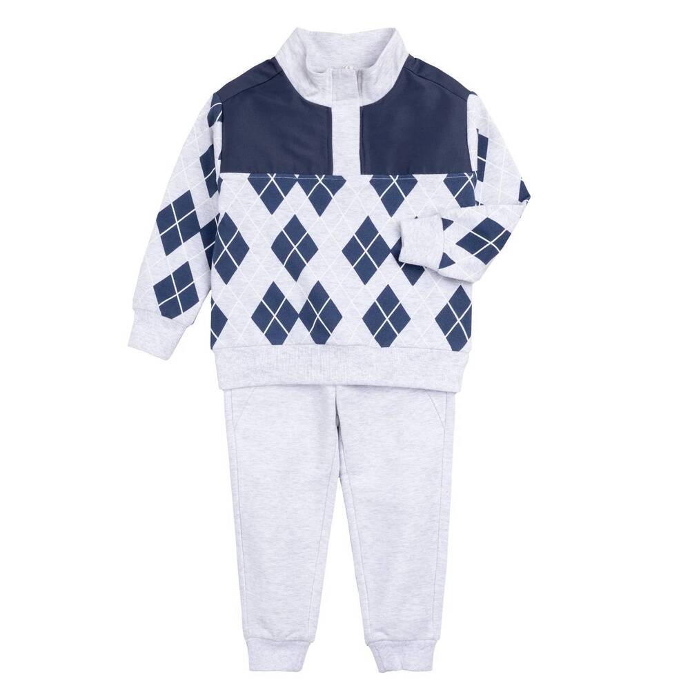 NEW MILES THE LABEL kid's argyle quarter zip jogger set in grey